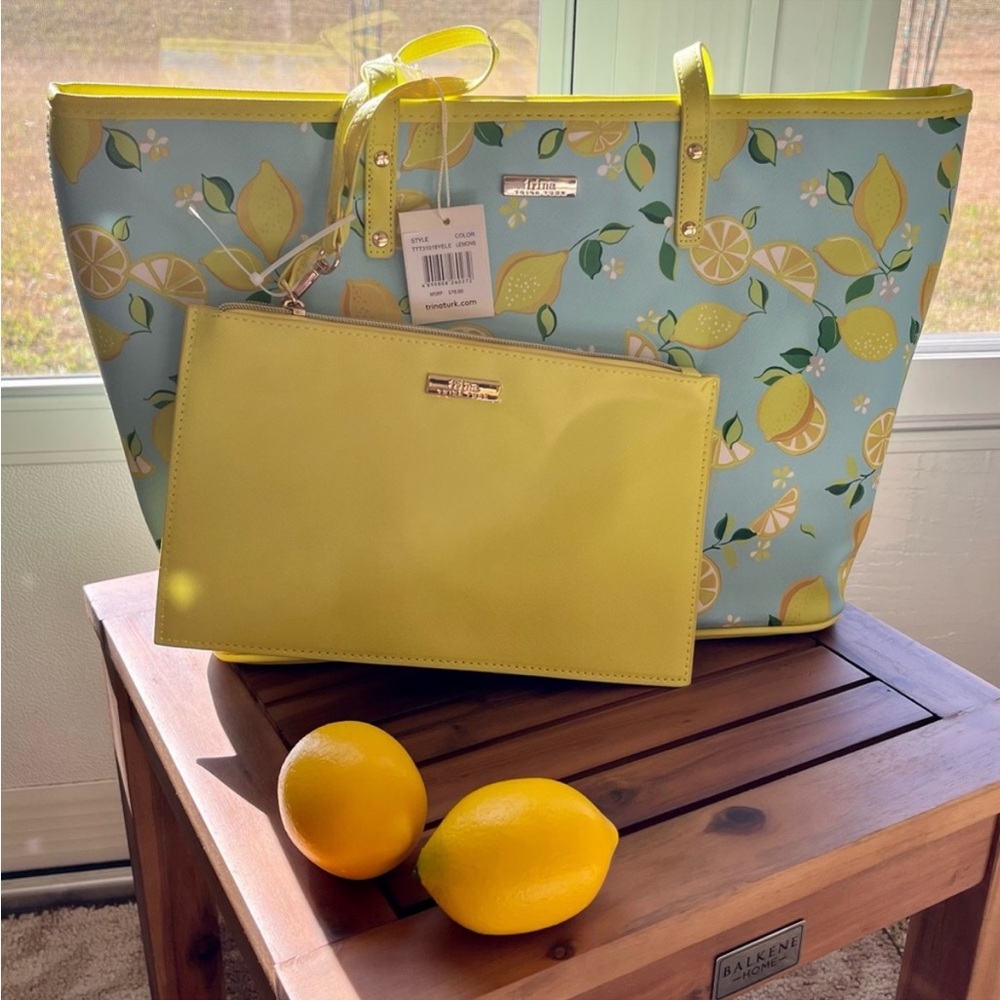 Trina Turk Yellow Lemon Print Tote with Yellow Pouch